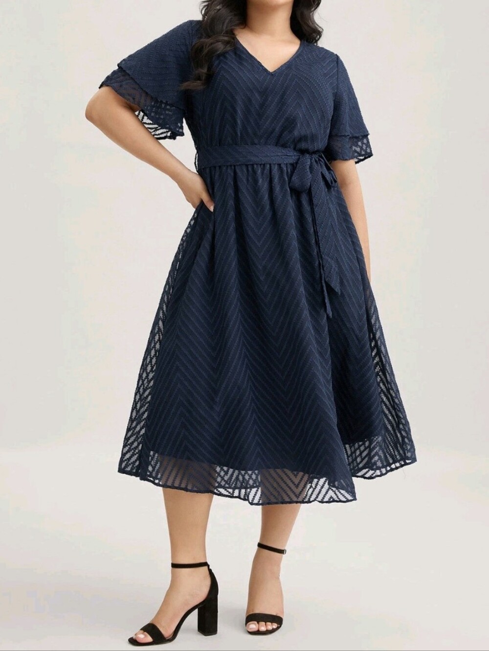 NWT Size 28/5X BloomChic Texture Tiered Ruffle Sleeve See Through Dress Blue - Picture 2 of 13